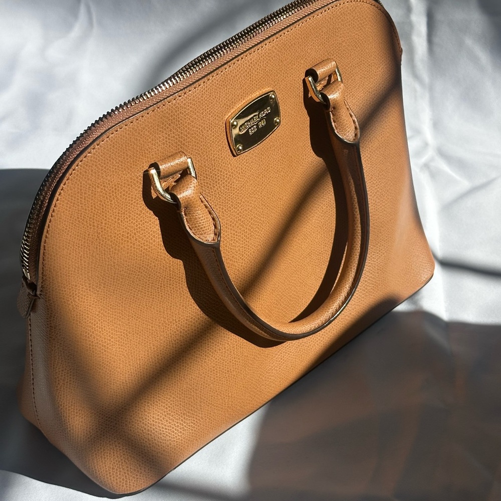 Michael Kors Tan Pebbled Dome Satchel with Gold Hardware